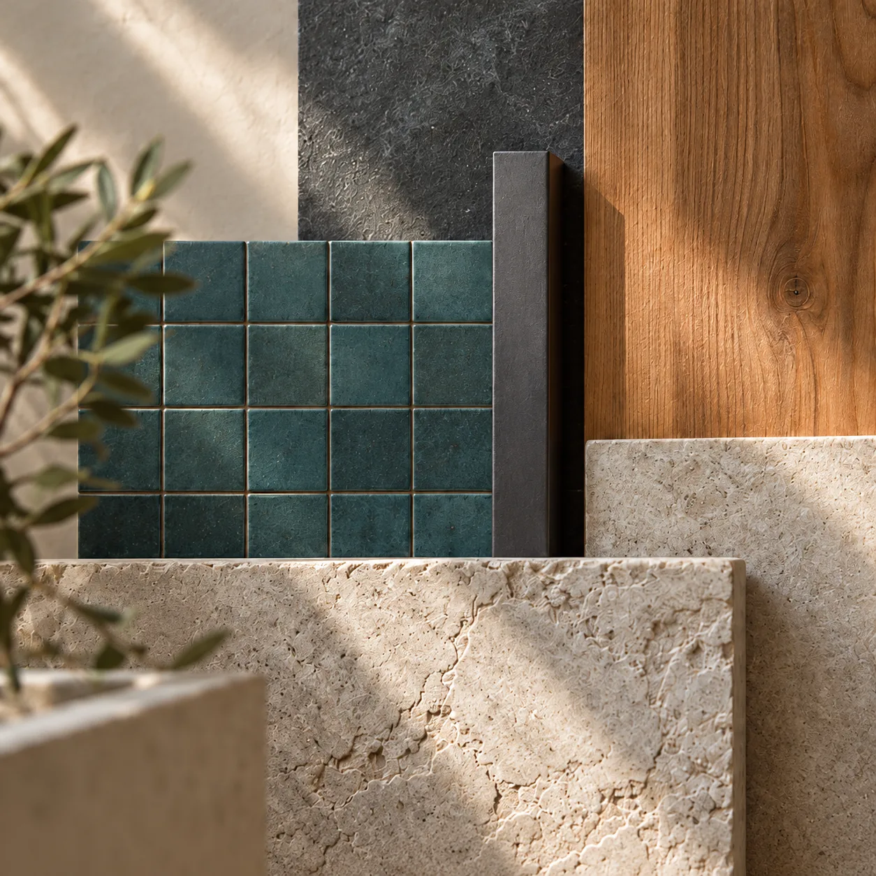 A material study pairing blue-green tile, cedar, pale stone and charcoal trim